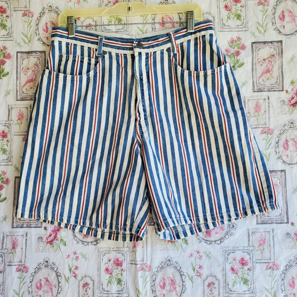 Vintage 80s Northwest Blue Striped Denim Shorts High Waist USA Made Womens Sz 14